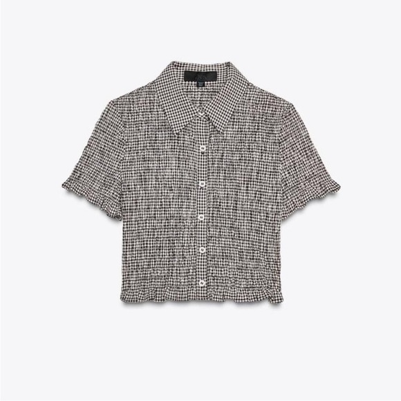 Zara Gingham Crop Shirt brown ruched shirred size large - Picture 2 of 7